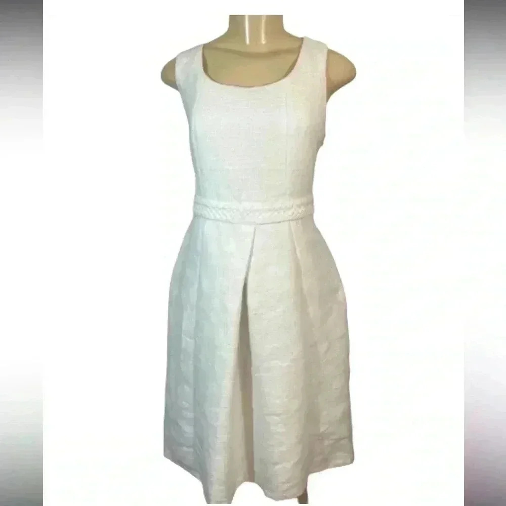 MERONA FIT & FLAIRE OFF WHITE MIDI DRESS  SLEEVELESS PLEATED BELT  SIZE 8 MEDIUM
